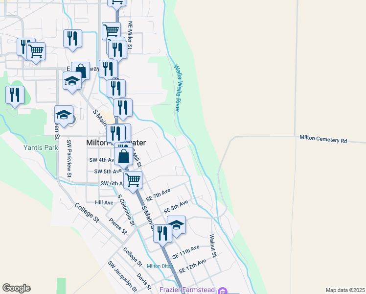 map of restaurants, bars, coffee shops, grocery stores, and more near 216 SE 5th Ave in Milton-Freewater