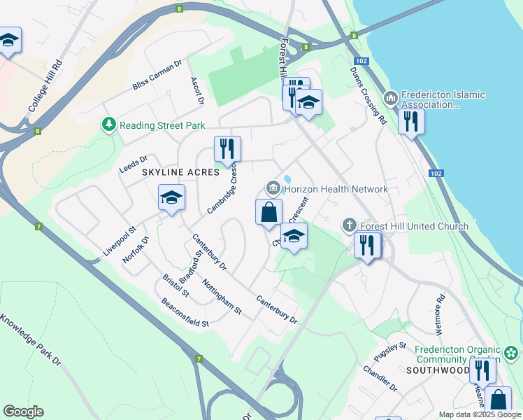 map of restaurants, bars, coffee shops, grocery stores, and more near 220 Woodbridge Street in Fredericton