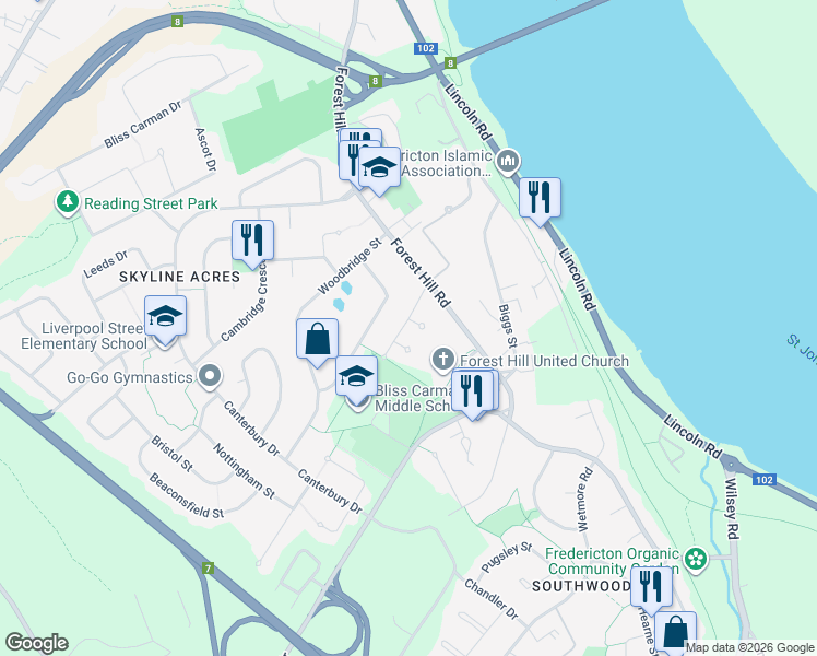 map of restaurants, bars, coffee shops, grocery stores, and more near 60 Rankine Street in Fredericton