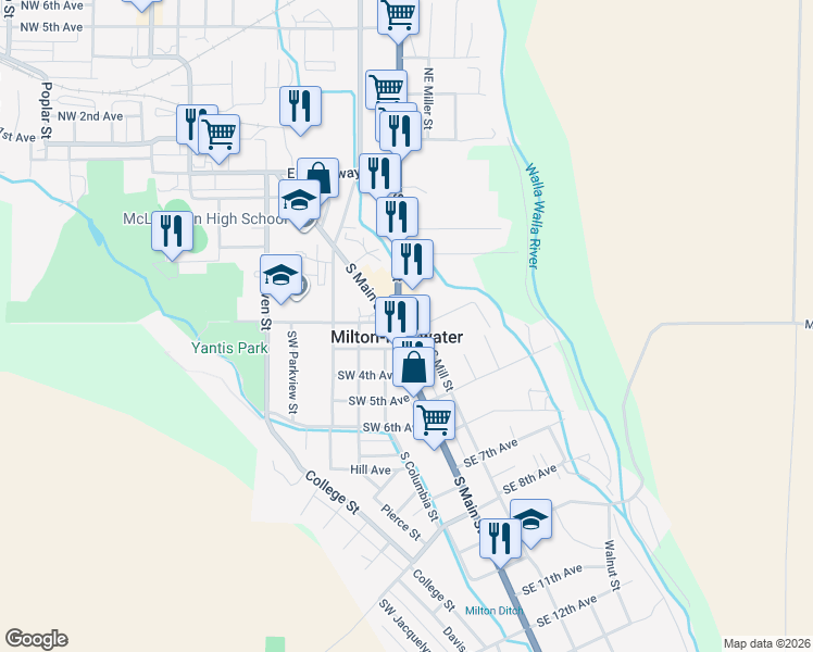 map of restaurants, bars, coffee shops, grocery stores, and more near 193 Oregon-Washington Highway in Milton-Freewater