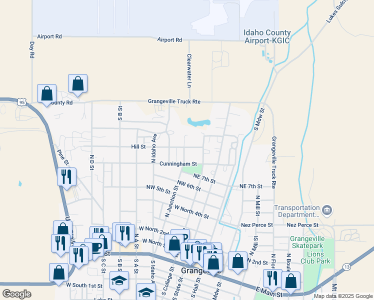 map of restaurants, bars, coffee shops, grocery stores, and more near 915 North Junction Street in Grangeville