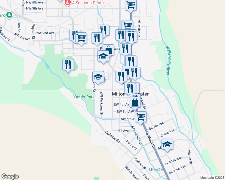 map of restaurants, bars, coffee shops, grocery stores, and more near South Elizabeth Street in Milton-Freewater