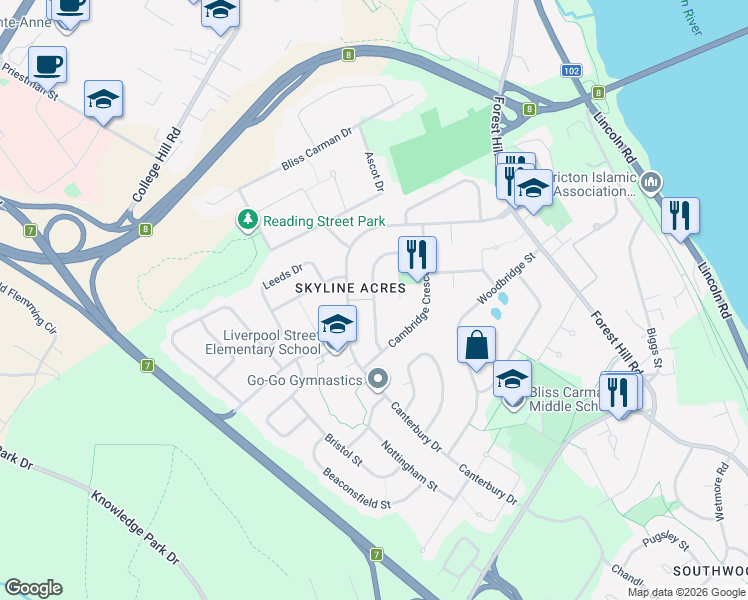 map of restaurants, bars, coffee shops, grocery stores, and more near Coventry Crescent in Fredericton