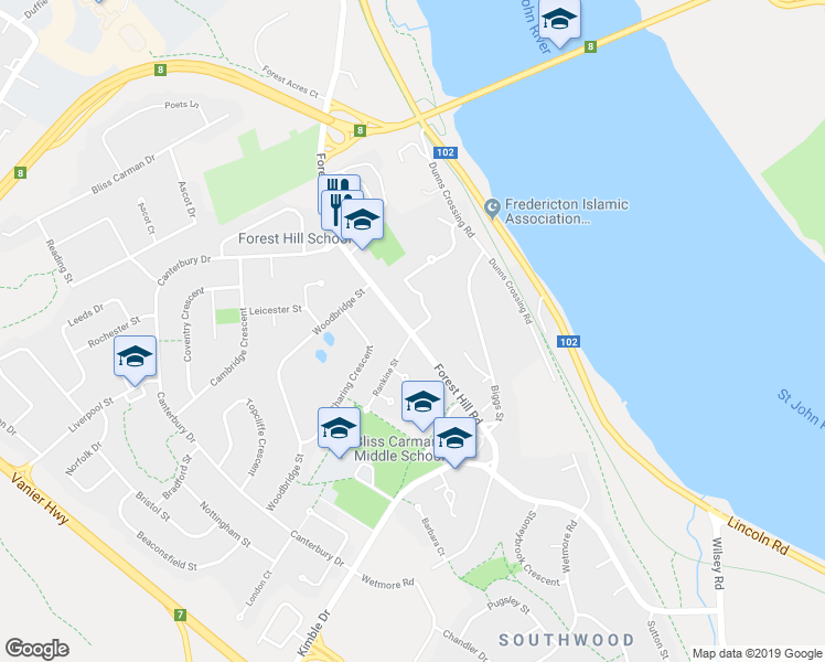 map of restaurants, bars, coffee shops, grocery stores, and more near 700 Forest Hill Road in Fredericton