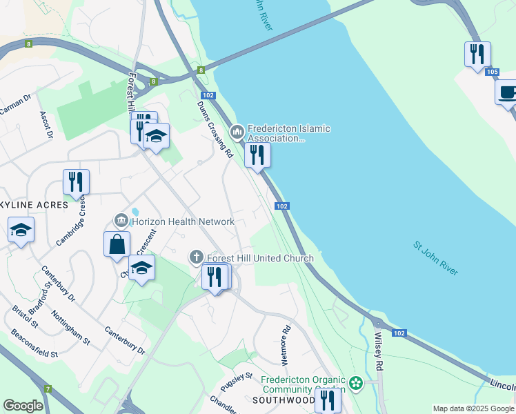 map of restaurants, bars, coffee shops, grocery stores, and more near 214 Dunns Crossing Road in Fredericton