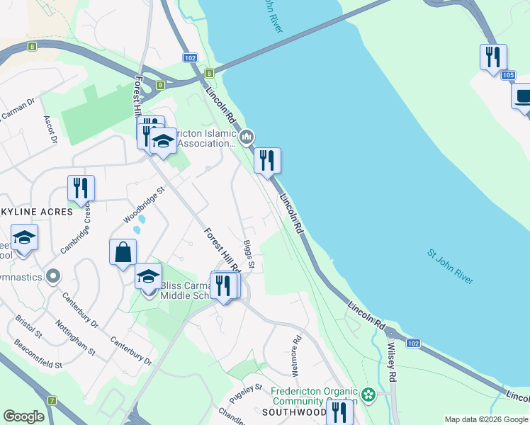 map of restaurants, bars, coffee shops, grocery stores, and more near 228 Dunns Crossing Road in Fredericton