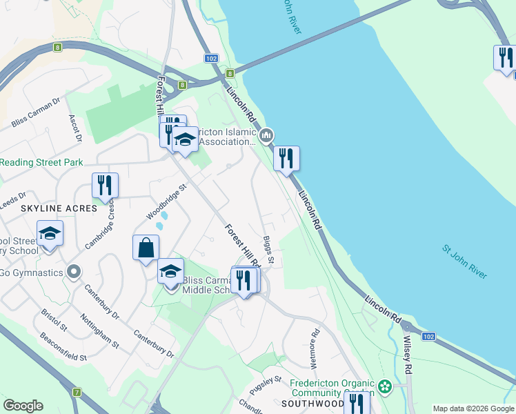 map of restaurants, bars, coffee shops, grocery stores, and more near Biggs Street in Fredericton