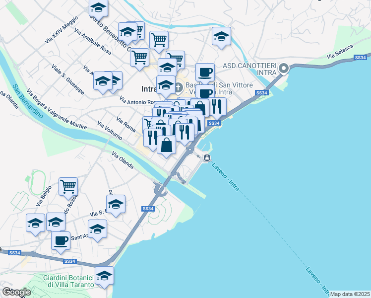 map of restaurants, bars, coffee shops, grocery stores, and more near 35 Corso Mameli Goffredo in Intra