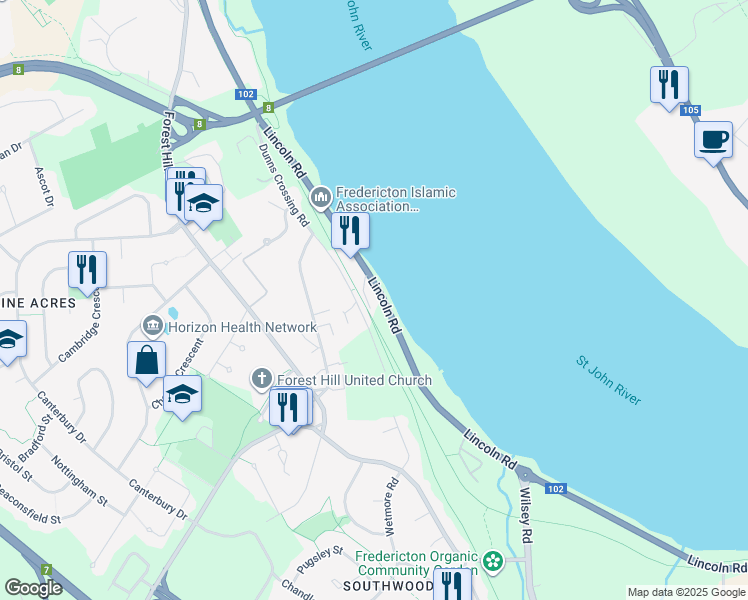 map of restaurants, bars, coffee shops, grocery stores, and more near 240 Lincoln Road in Fredericton