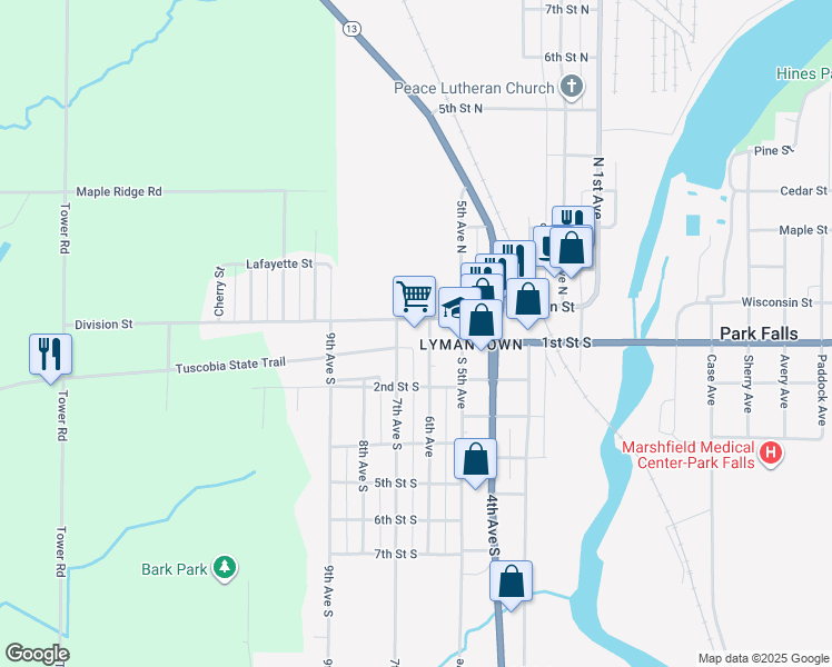 map of restaurants, bars, coffee shops, grocery stores, and more near 200 6th Avenue in Park Falls