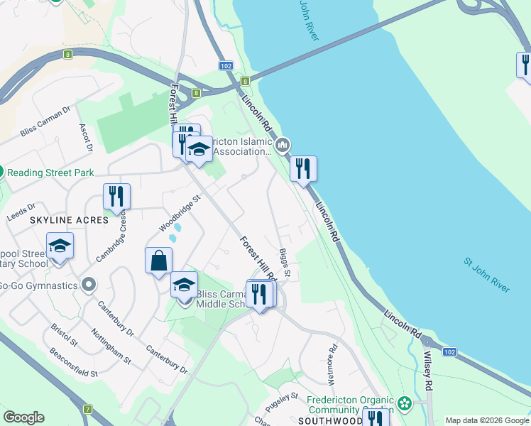 map of restaurants, bars, coffee shops, grocery stores, and more near 62 Biggs Street in Fredericton