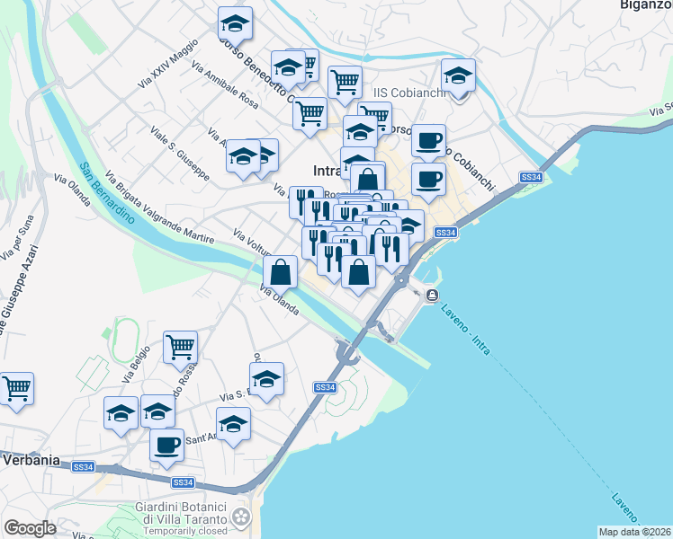 map of restaurants, bars, coffee shops, grocery stores, and more near 42 Via Luigi Rigola in Intra