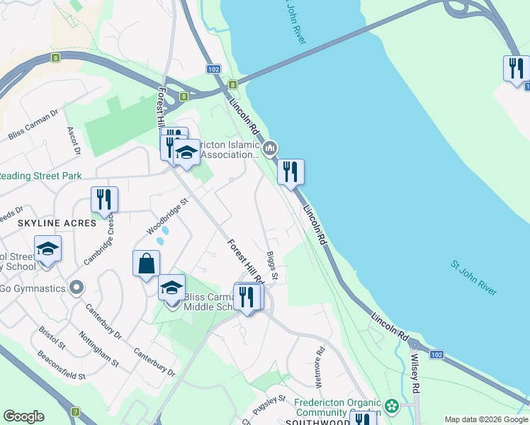 map of restaurants, bars, coffee shops, grocery stores, and more near 65 Biggs Street in Fredericton