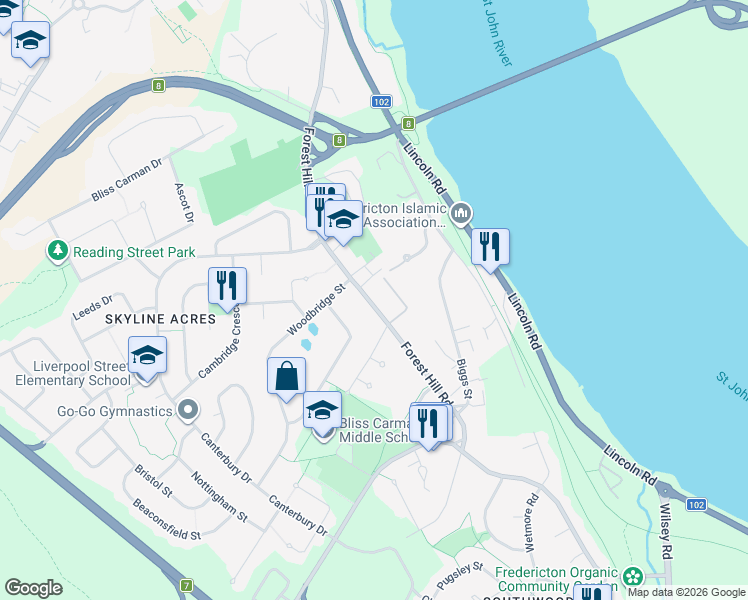 map of restaurants, bars, coffee shops, grocery stores, and more near 638 Forest Hill Road in Fredericton