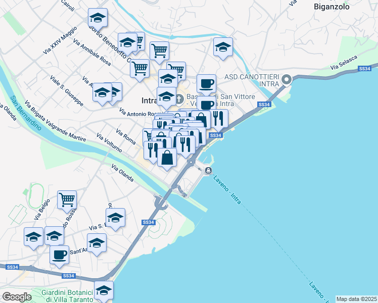 map of restaurants, bars, coffee shops, grocery stores, and more near 35 Corso Mameli Goffredo in Intra