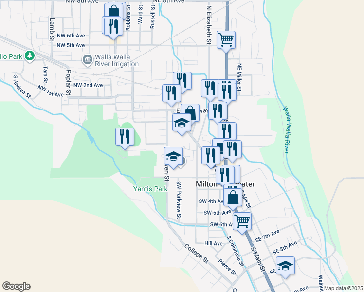 map of restaurants, bars, coffee shops, grocery stores, and more near 120 South Main Street in Milton-Freewater