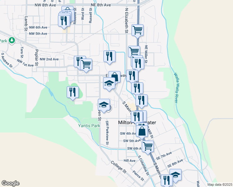 map of restaurants, bars, coffee shops, grocery stores, and more near 120 South Main Street in Milton-Freewater