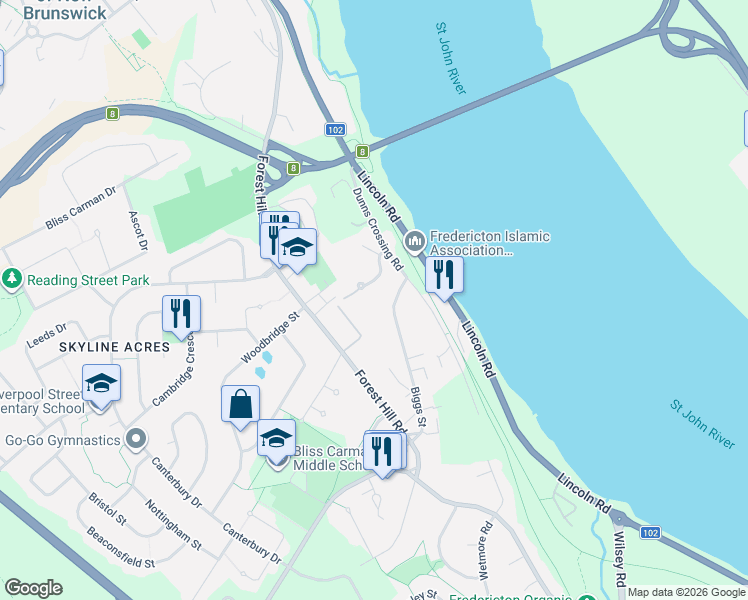 map of restaurants, bars, coffee shops, grocery stores, and more near 50 Boyne Court in Fredericton
