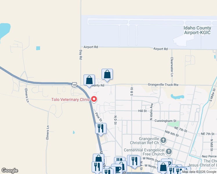 map of restaurants, bars, coffee shops, grocery stores, and more near 143 County Road in Grangeville