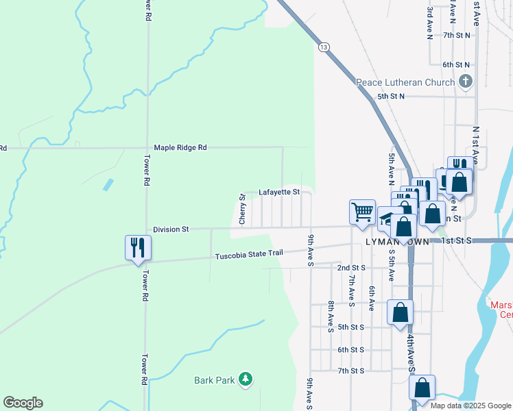 map of restaurants, bars, coffee shops, grocery stores, and more near N15625 Willow Street in Park Falls