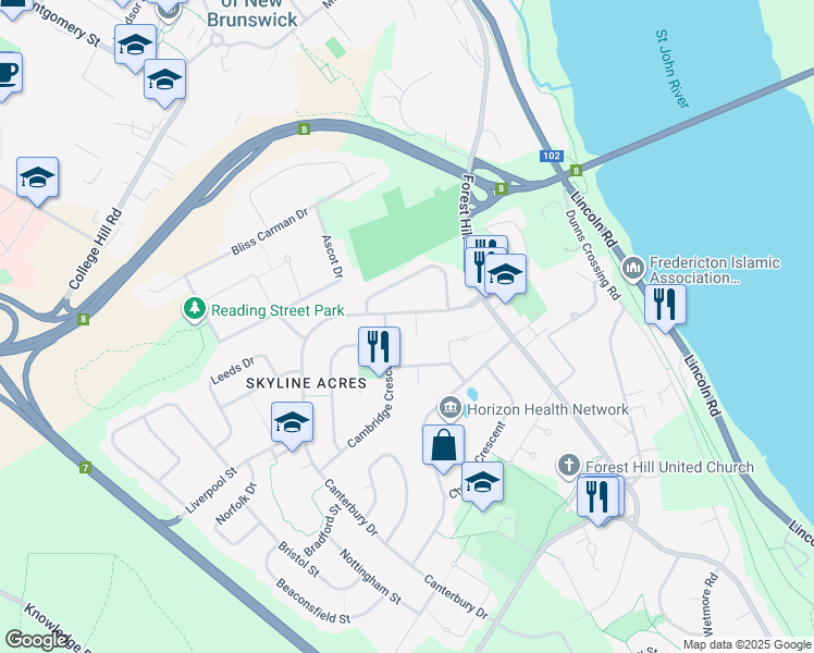 map of restaurants, bars, coffee shops, grocery stores, and more near 16 Chelsea Court in Fredericton