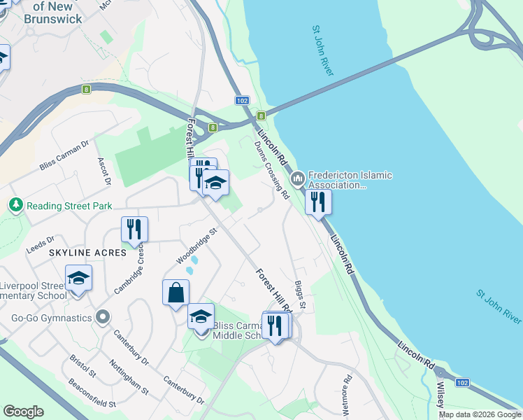 map of restaurants, bars, coffee shops, grocery stores, and more near 50 Boyne Court in Fredericton
