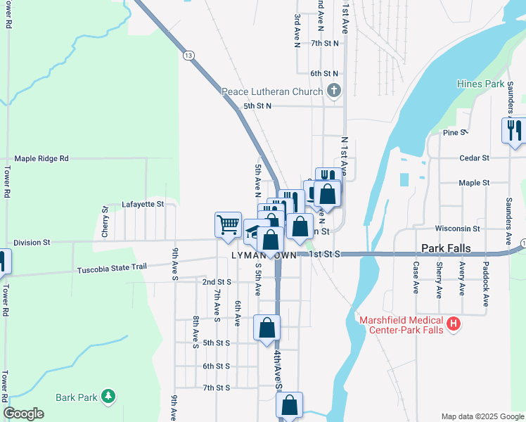 map of restaurants, bars, coffee shops, grocery stores, and more near 477 1st Street North in Park Falls