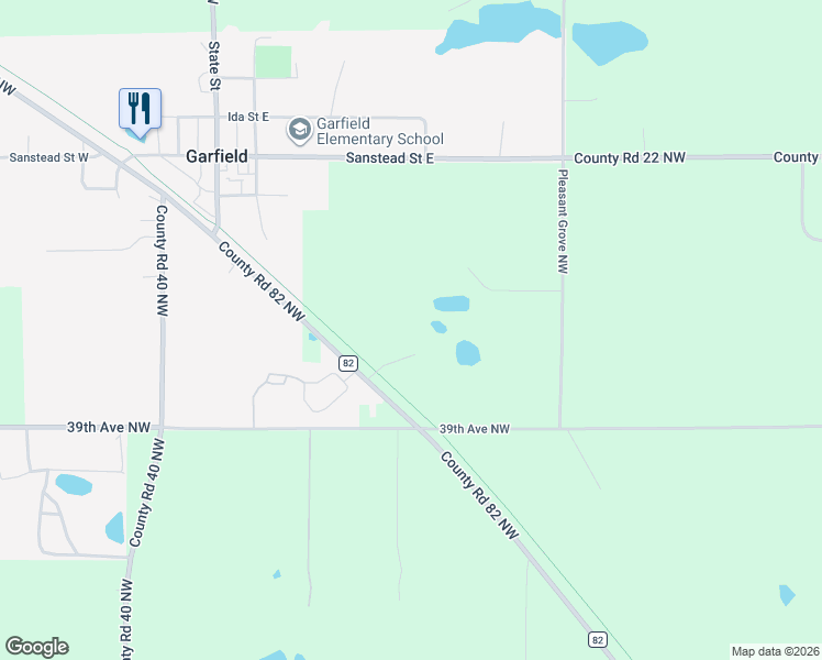map of restaurants, bars, coffee shops, grocery stores, and more near 7363 County Highway 82 in Garfield