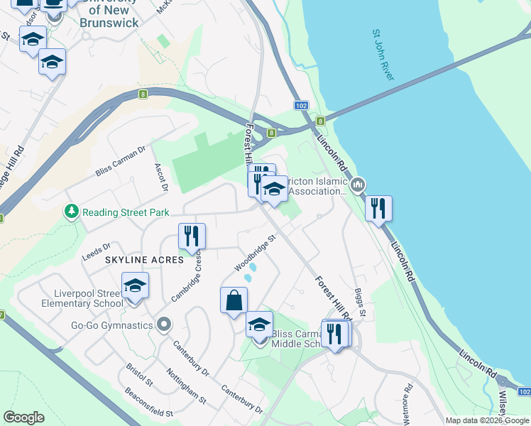 map of restaurants, bars, coffee shops, grocery stores, and more near Forest Hill Road in Fredericton