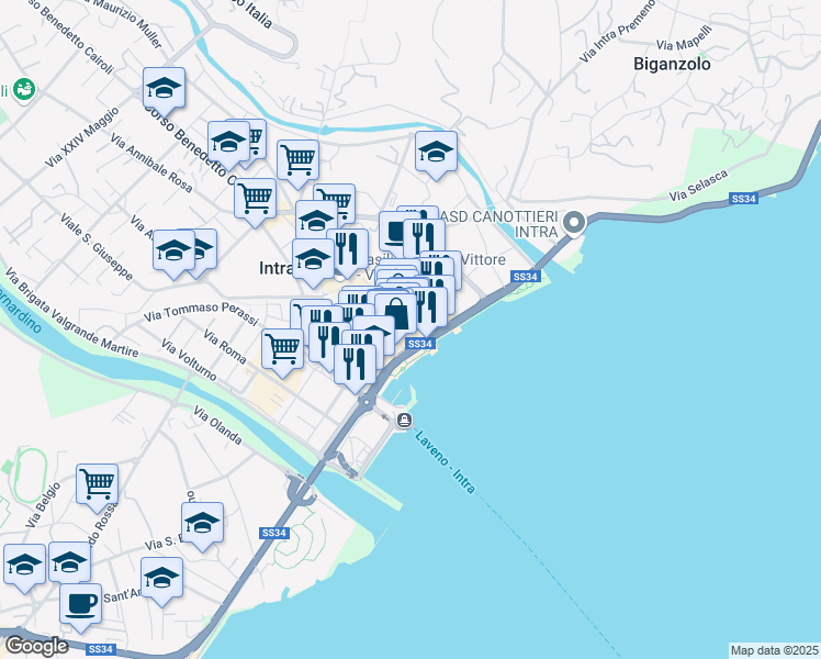 map of restaurants, bars, coffee shops, grocery stores, and more near Vicolo Mulino in Intra