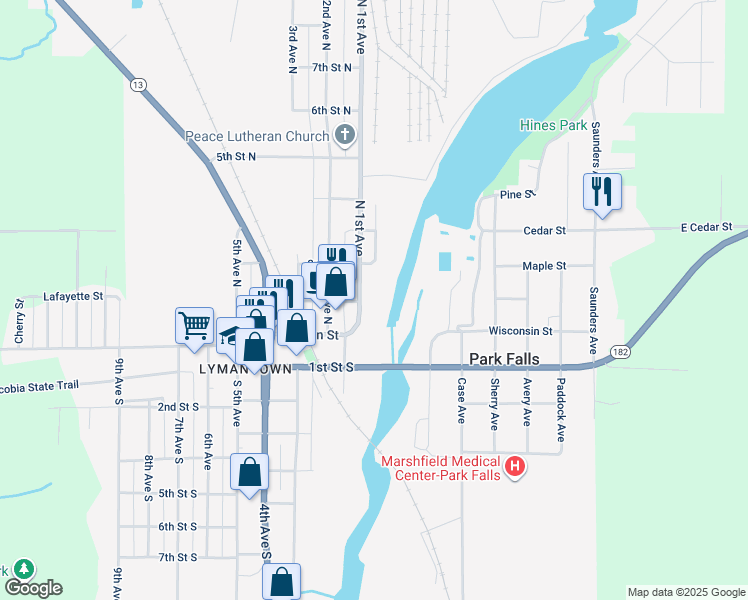 map of restaurants, bars, coffee shops, grocery stores, and more near 200 1st Avenue North in Park Falls