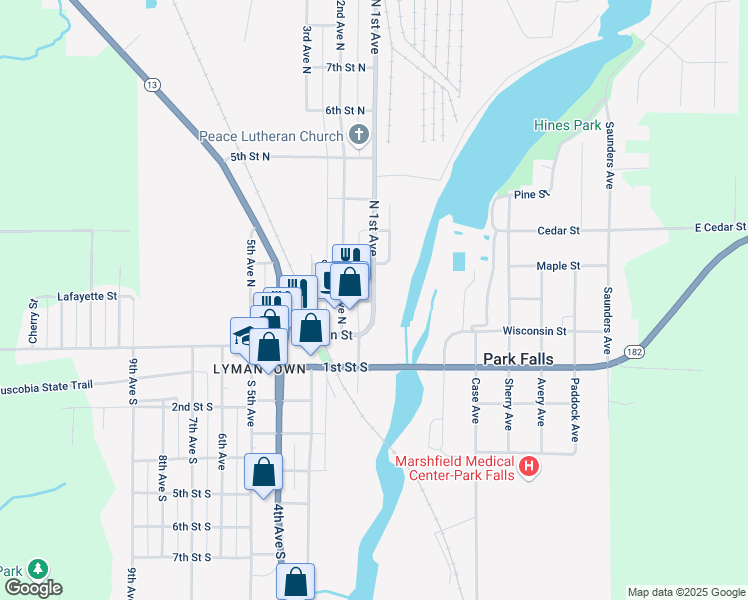 map of restaurants, bars, coffee shops, grocery stores, and more near 200 1st Avenue North in Park Falls