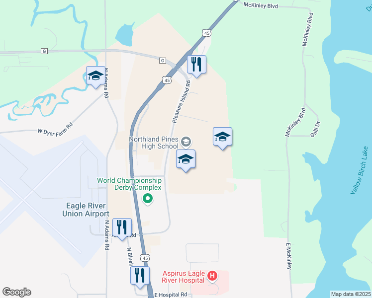 map of restaurants, bars, coffee shops, grocery stores, and more near 1800 Pleasure Island Road in Eagle River