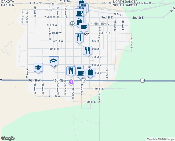 map of restaurants, bars, coffee shops, grocery stores, and more near 17-99 9th Street East in Lemmon
