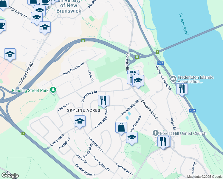 map of restaurants, bars, coffee shops, grocery stores, and more near 115 Canterbury Drive in Fredericton