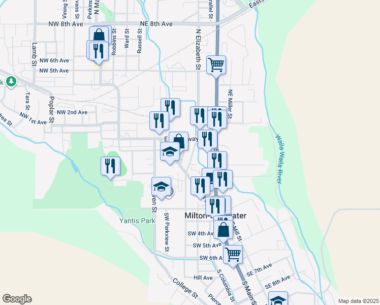 map of restaurants, bars, coffee shops, grocery stores, and more near 41 Linden Drive in Milton-Freewater