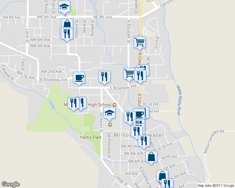 map of restaurants, bars, coffee shops, grocery stores, and more near 41 Linden Drive in Milton-Freewater