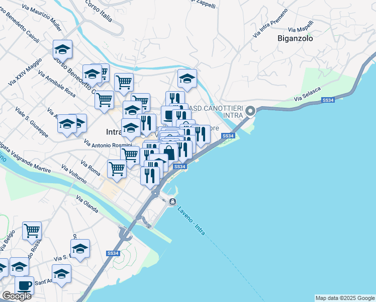 map of restaurants, bars, coffee shops, grocery stores, and more near 8 Via Aristide de Bonis in Pallanza