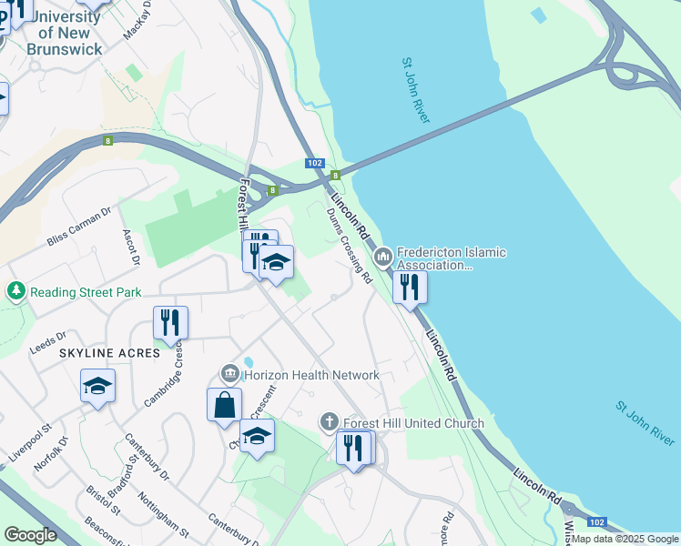 map of restaurants, bars, coffee shops, grocery stores, and more near 25 Boyne Court in Fredericton