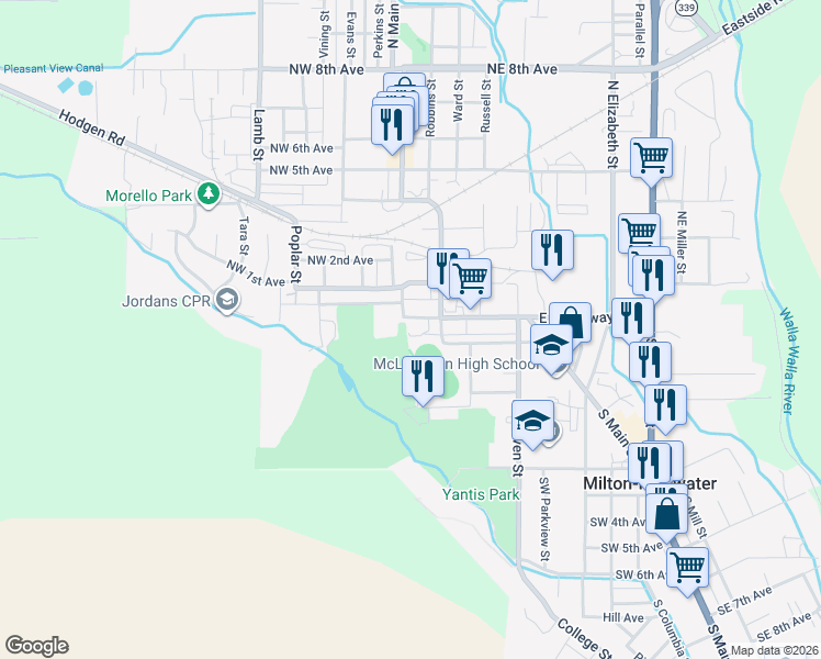 map of restaurants, bars, coffee shops, grocery stores, and more near 114 West Broadway Avenue in Milton-Freewater