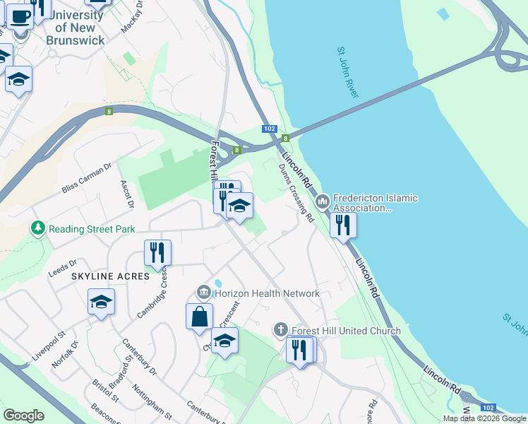 map of restaurants, bars, coffee shops, grocery stores, and more near 35 Boyne Court in Fredericton