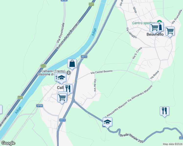 map of restaurants, bars, coffee shops, grocery stores, and more near 3 Via Castel Beseno in Calliano
