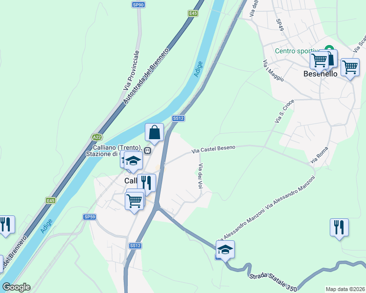 map of restaurants, bars, coffee shops, grocery stores, and more near 3 Via Castel Beseno in Calliano