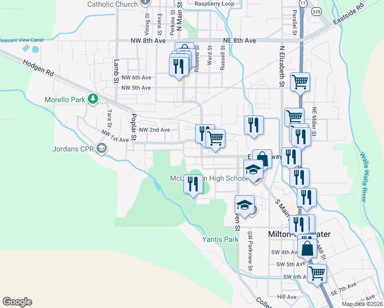 map of restaurants, bars, coffee shops, grocery stores, and more near 114 West Broadway Avenue in Milton-Freewater