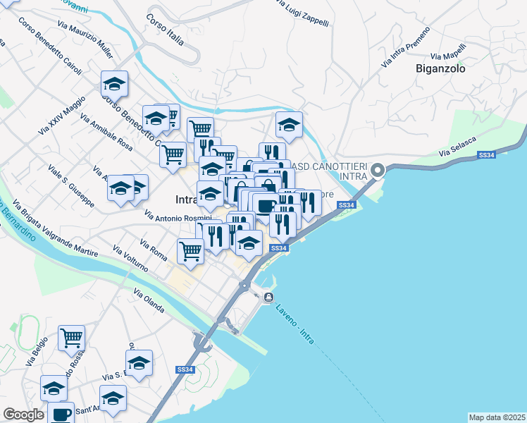 map of restaurants, bars, coffee shops, grocery stores, and more near 41 Via San Vittore in Pallanza