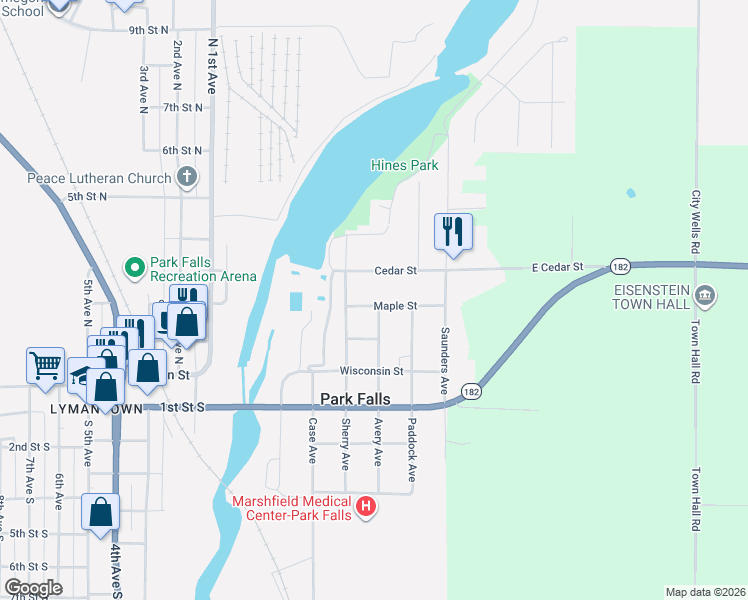 map of restaurants, bars, coffee shops, grocery stores, and more near 324 Maple Street in Park Falls