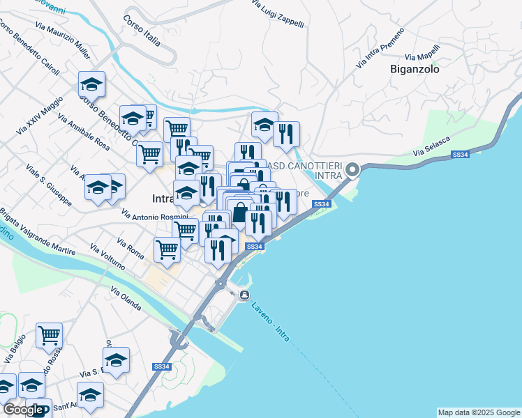 map of restaurants, bars, coffee shops, grocery stores, and more near 38 Via Aristide de Bonis in Pallanza