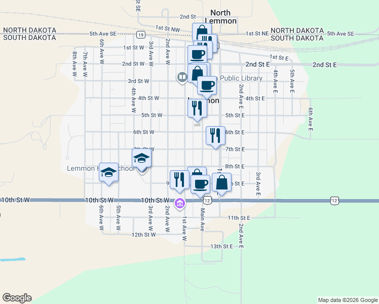 map of restaurants, bars, coffee shops, grocery stores, and more near 700 1st Avenue West in Lemmon