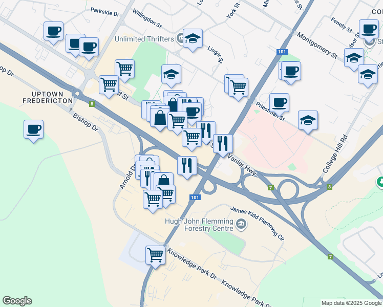 map of restaurants, bars, coffee shops, grocery stores, and more near 1206 Prospect Street in Fredericton