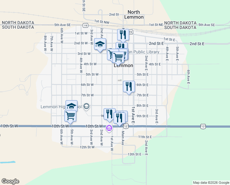 map of restaurants, bars, coffee shops, grocery stores, and more near 700-798 1st Ave W in Lemmon